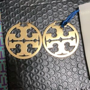 Tory Burch Gold Double-T Logo Oversized Hoop Earrings Classic Luxury Statement